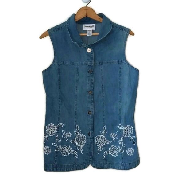 Serengeti Tops - Serengeti Women's Size M 100% Cotton Denim Look Embellished Sleeveless Top